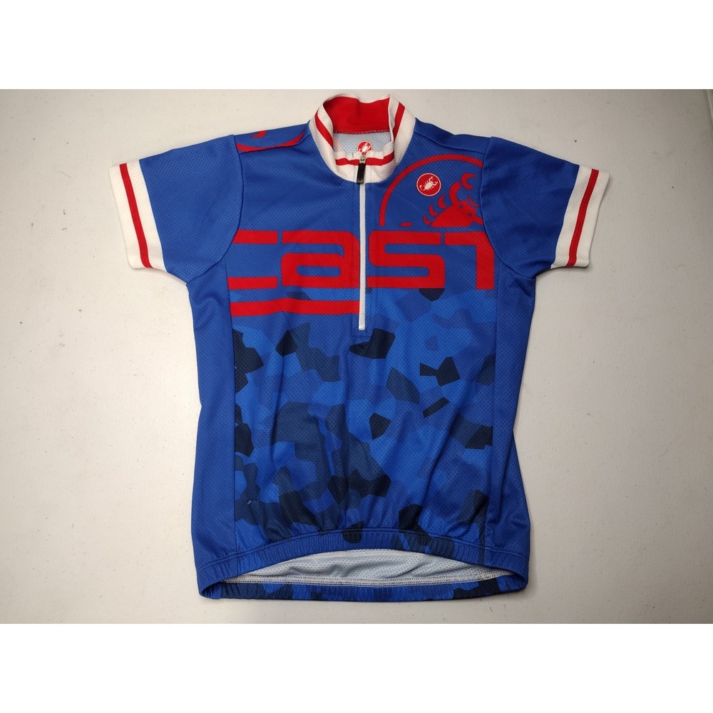 Castelli Kids Medium Cycling Jersey Blue Red Camo Quarter Zip Short Sleeve